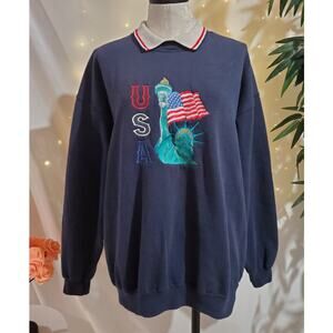 VTG USA Statue of Liberty Embroidered Collared Sweatshirt Size L America Granny